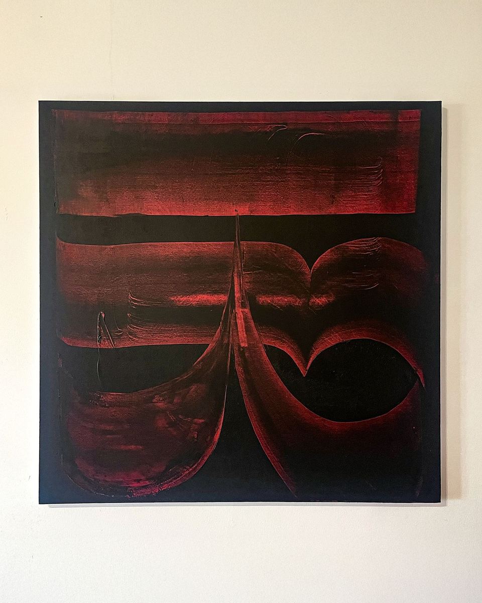 Semeia — Adéogramme, acrylique raclée sur toile coton, 100 × 100 cm, 2025