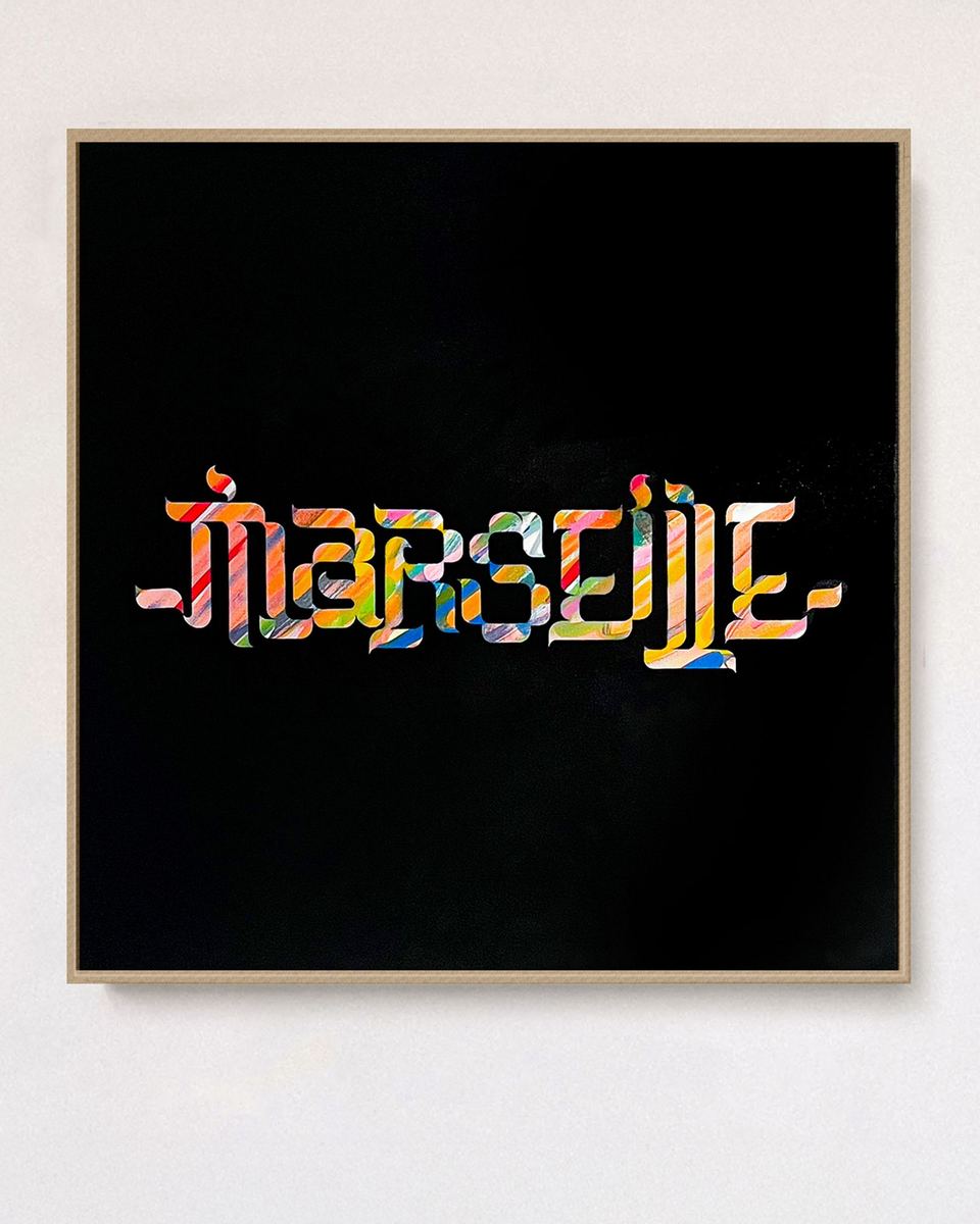 Compositio — Marseille, aérosol et acrylique en pochoir sur toile coton, 100 × 100 cm, 2024