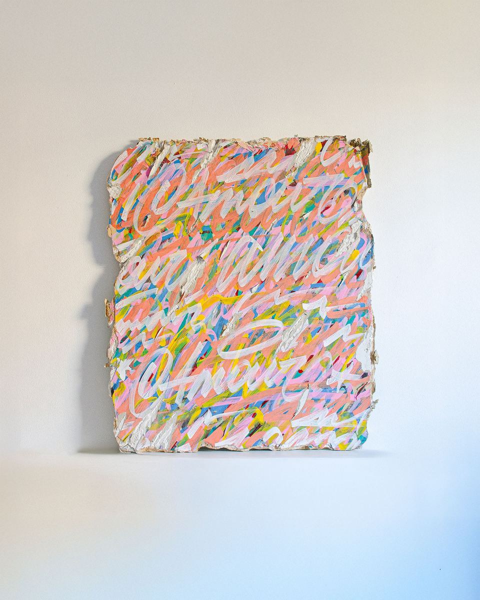 Saturations — Saturations n°4, acrylique et bombe de peinture sur plaque de plâtre recyclée, 58 × 70 cm, 2022