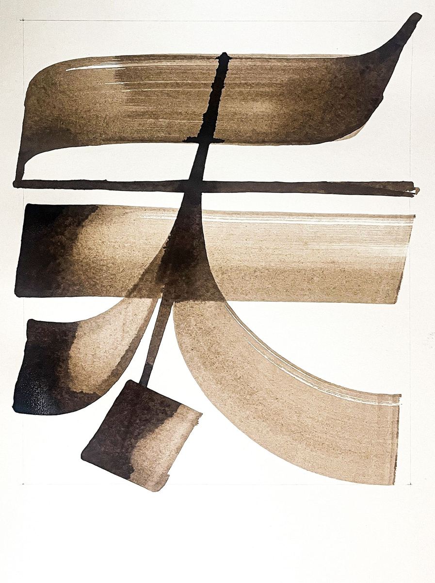 Semeia — Aî, brou de noix sur carton-bois, 60 × 80 cm, 2026