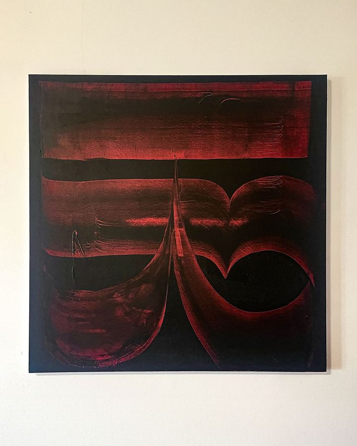 Semeia — Adéogramme, acrylique raclée sur toile coton, 100 × 100 cm, 2025